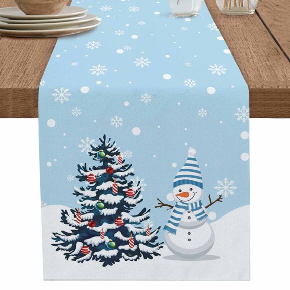 nqOlkjepod Blue Christmas Table Runner 48 Inches Long Farmhouse Dress Scarves, Snowman Pine Tree Ball Winter Snow Scene Dining Tablerunner for Coffee Table/Kitchen Island/Party Décor, 13" x 48"