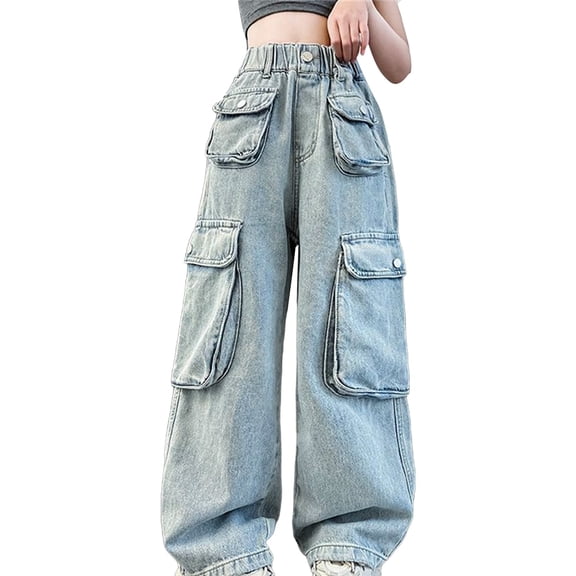 KVPLBQFD Baggy Cargo Jeans for Girls Flap Pockets High Rise Denim Pants Kids Wide Leg Denim Jean Tweens Y2k Casual Trousers 90s Hip Hop Streetwear