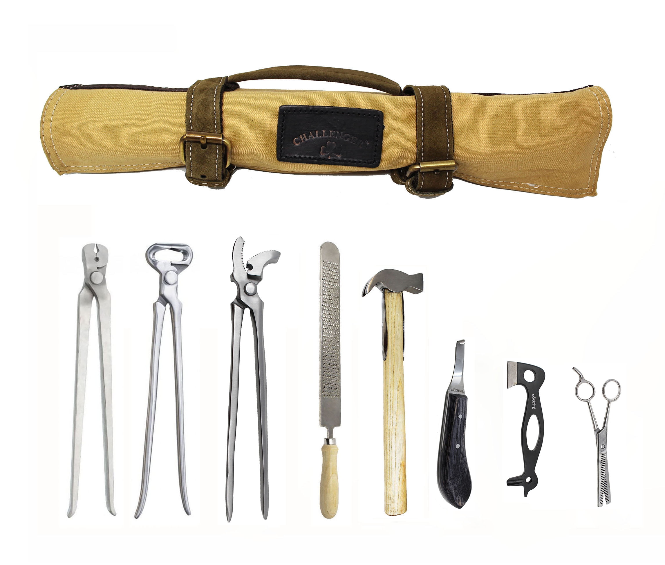 8 Piece Horse Shoe Farrier Hoof Grooming Tool Kit w/ Carry Bag Tan
