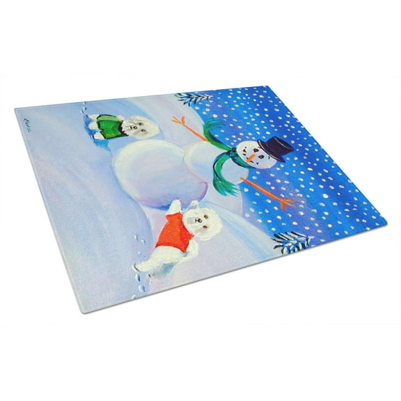Snowman with a Bichon Frise Glass Cutting Board Large