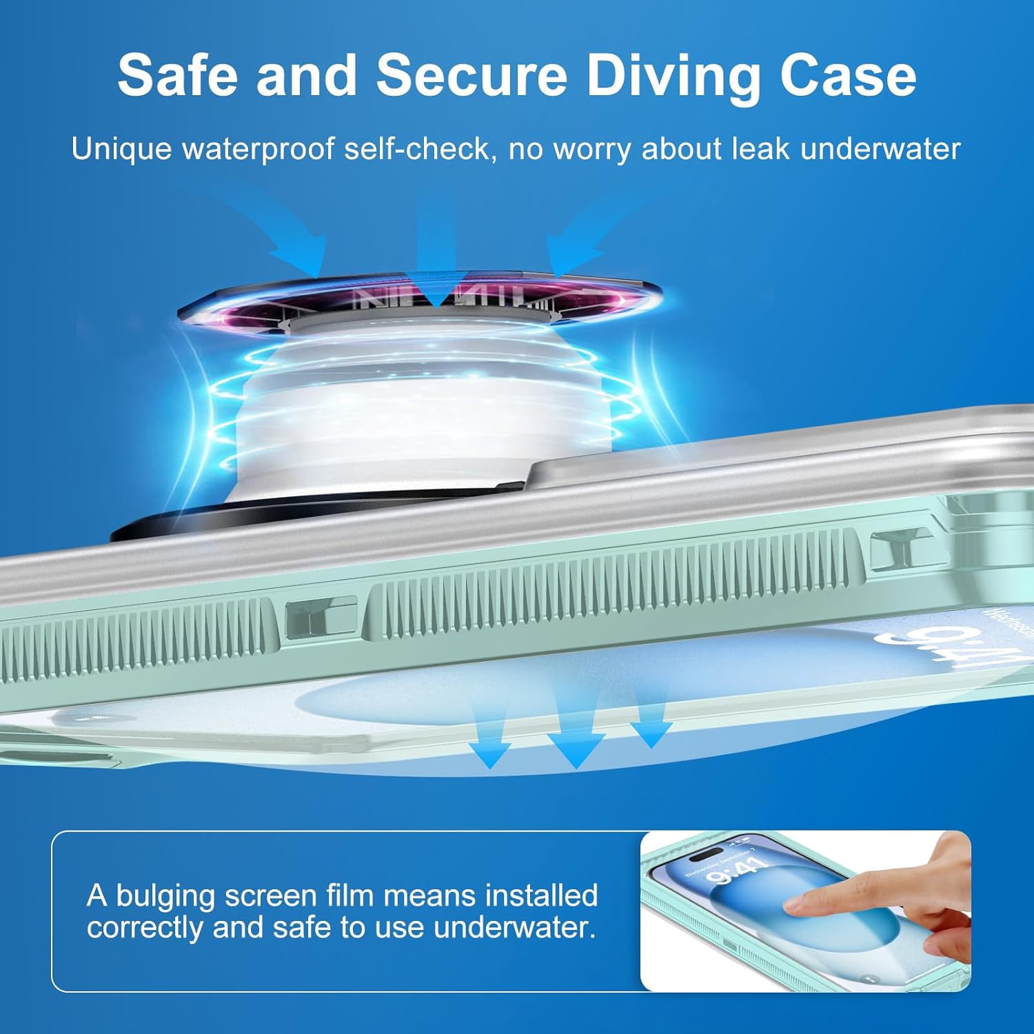 KOMI Waterproof Phone Case, Underwater Snorkeling Diving Phone Case, Universal Self-Check Water Proof Pouch Dry Bag Up to 6.9 Inch for iPhone 15/14/13/12/11/Samsung S24/S23/Google Series - Green