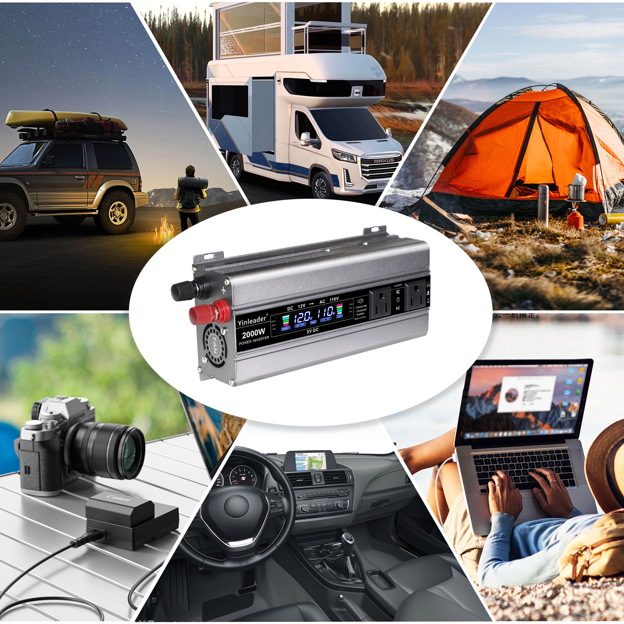 Yinleader 1000 Watts Car Power Inverter DC 12V to 110V AC Converter with LCD Display 4 AC Outlets and Dual USB