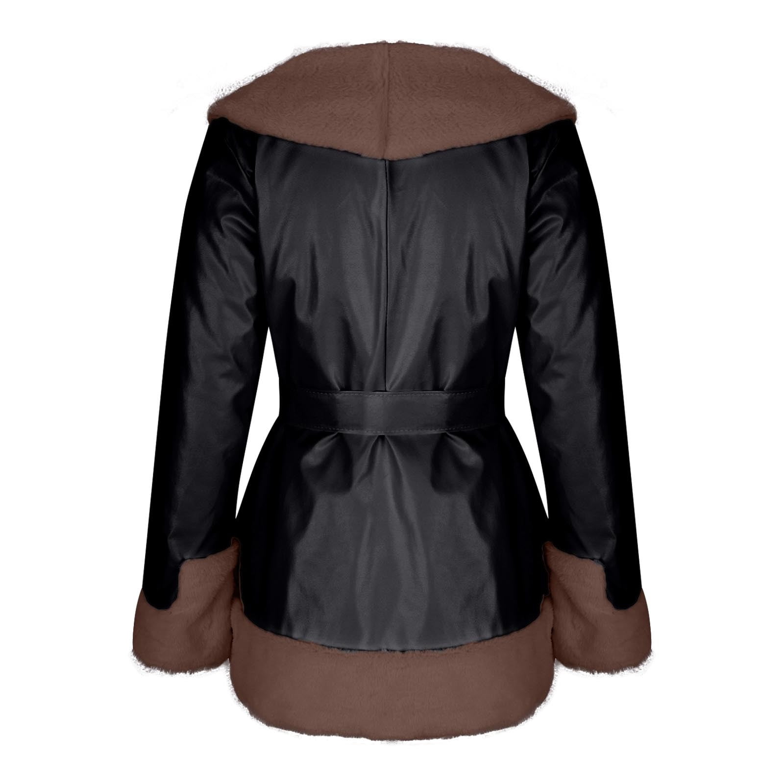 ZQUUVOU Women's Faux Leather Jacket with Faux Fur Collar Fall Winter Trendy Long Sleeve Furry Trim Parka Coat with Belt Brown