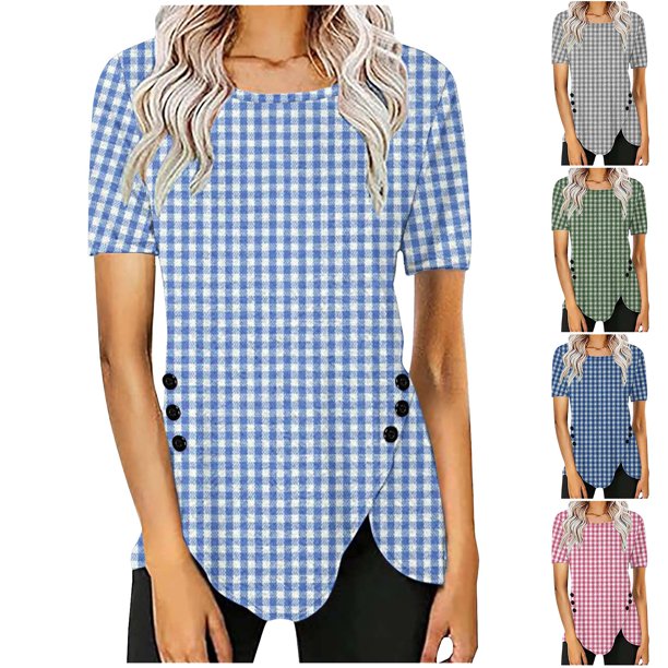 Fiudx Ofertas Del Día Blusa Casual de Manga Corta con Estampado de Botones para Mujer, Blusa/Camisa de Cuello Redondo de Manga Corta