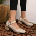 thumbnail image 2 of Kcodviy Ladies Solid Color Leather Wide Fit Heels for Women Buckle Round Toe Thick Wide Fit Heels High Heeled Shoes, 2 of 8