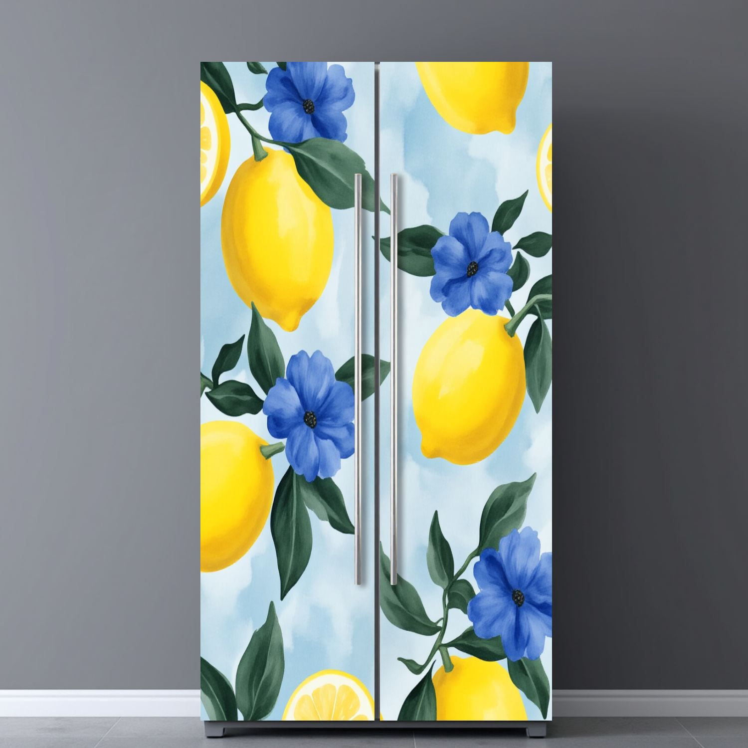 Self Adhesive Vinyl Refrigerator Wrap Set Lemon Blue Flower Fresh Green Leaves Soft Blue Door Mural Removable Fridge Sticker Peel and Stick&nbsp;Full Door Cover Decal Kitchen Bar Decor