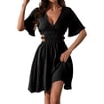 thumbnail image 2 of Nmnitkp Dresses for Women Summer Casual Dress, V Neck Flare Short Sleeve Cutout Waist Smocked Crinkle Fabric A Line Mini Dress, Solid Dress for Beach Vacation & Daily Wear Black,S, 2 of 9