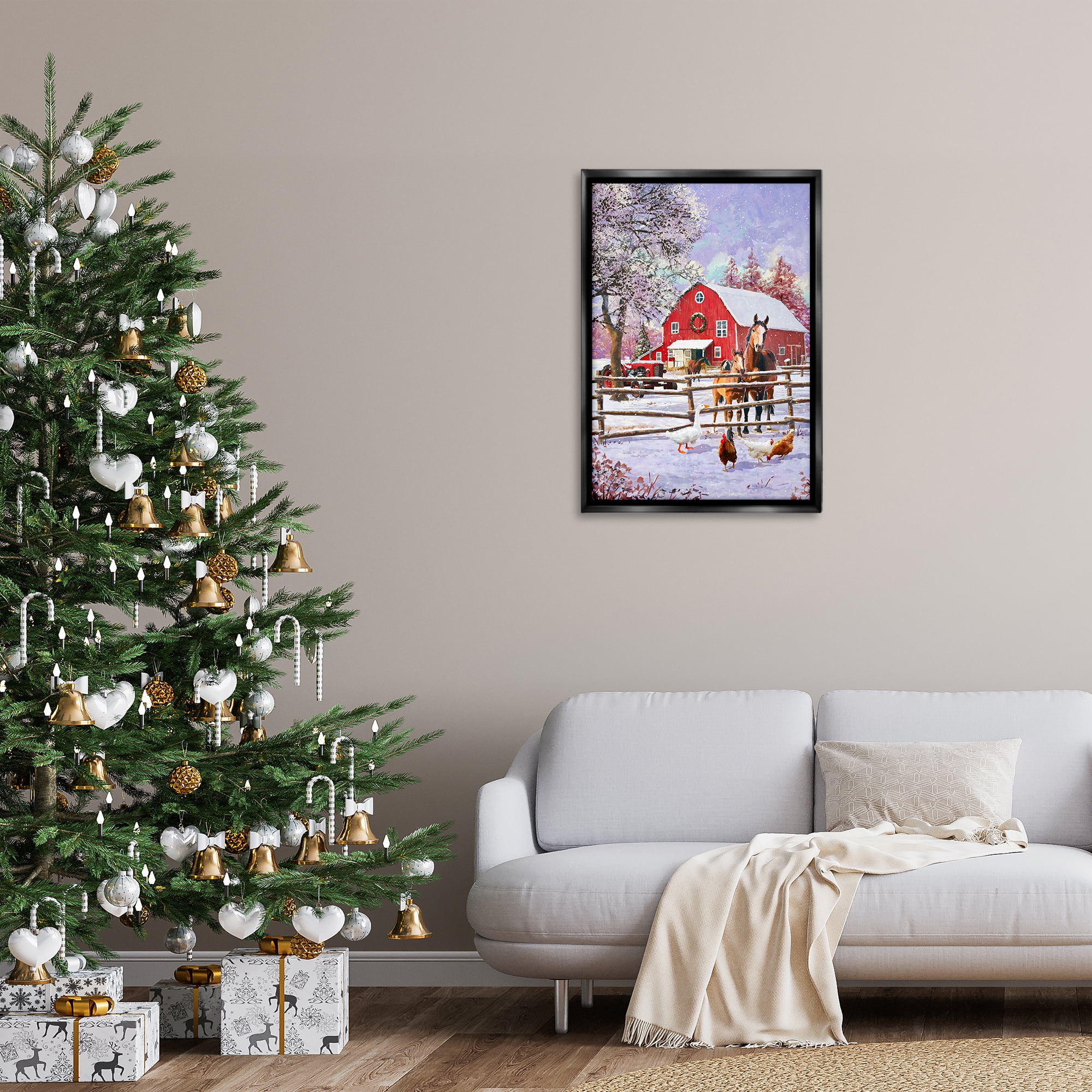 Stupell Industries Winter Farm Scene Holiday Painting Black Floater Framed Art Print Wall Art, 21 x 31