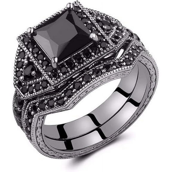 Rag Jewels 2.80 Ct Princess Cut Black Diamond Wedding Engagement Thanksgiving Christmas Bridal Ring Set 14K Black Gold Plated 925 Sterling Silver For Women's -5