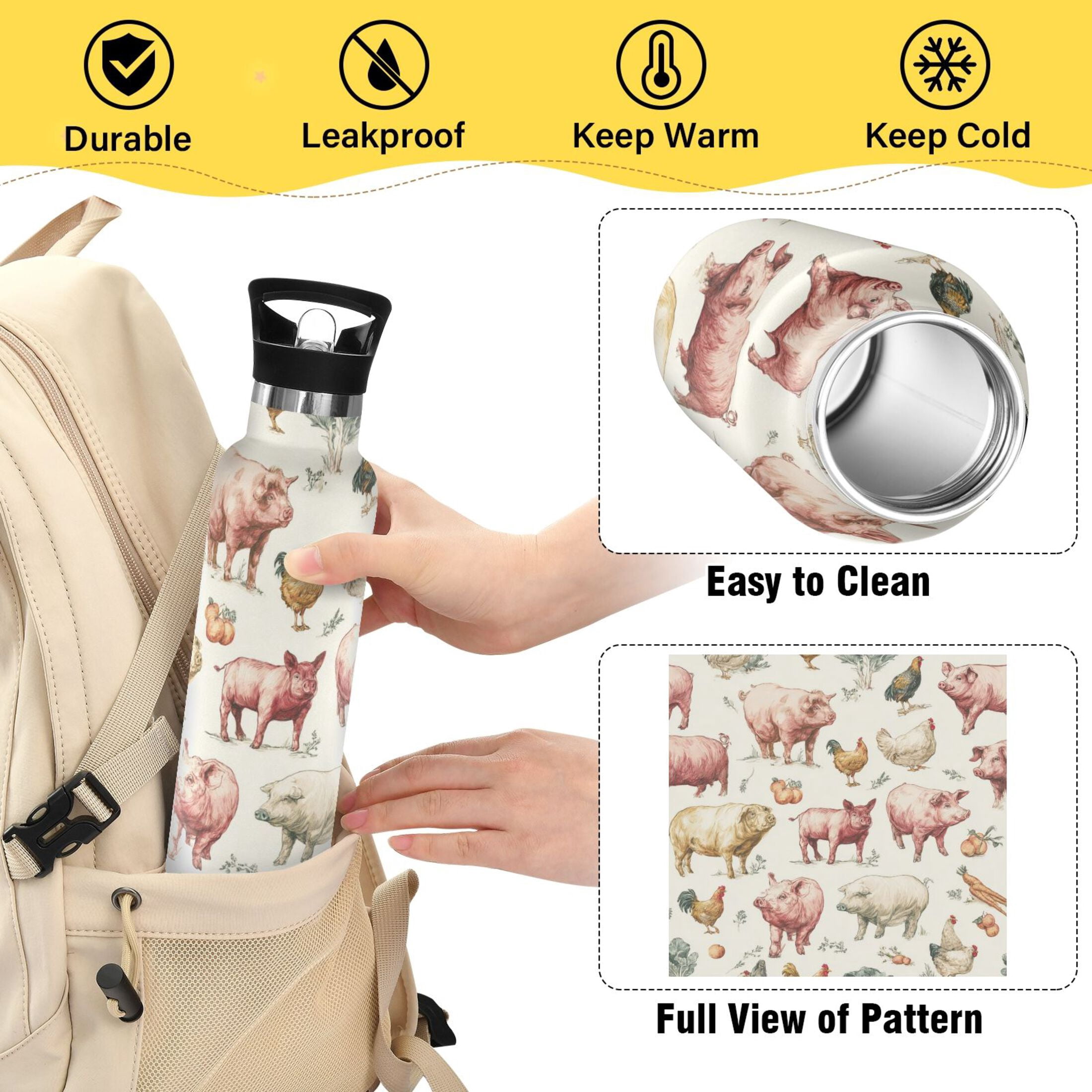 Kids Insulated Stainless Steel Sports Water Bottle 600ml Watercolor Farm Animals