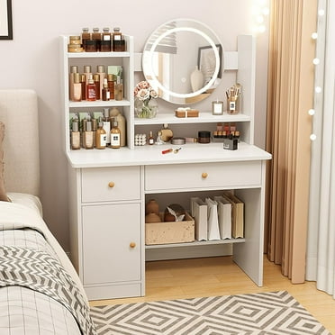 Dressing Table,Makeup Table with Drawers, Vanity Desk with Mirror and led Lights,3 Lighting Mode,Makeup Vanity Desk,Multifunctional Makeup Writing Desk for Bedroom (White)