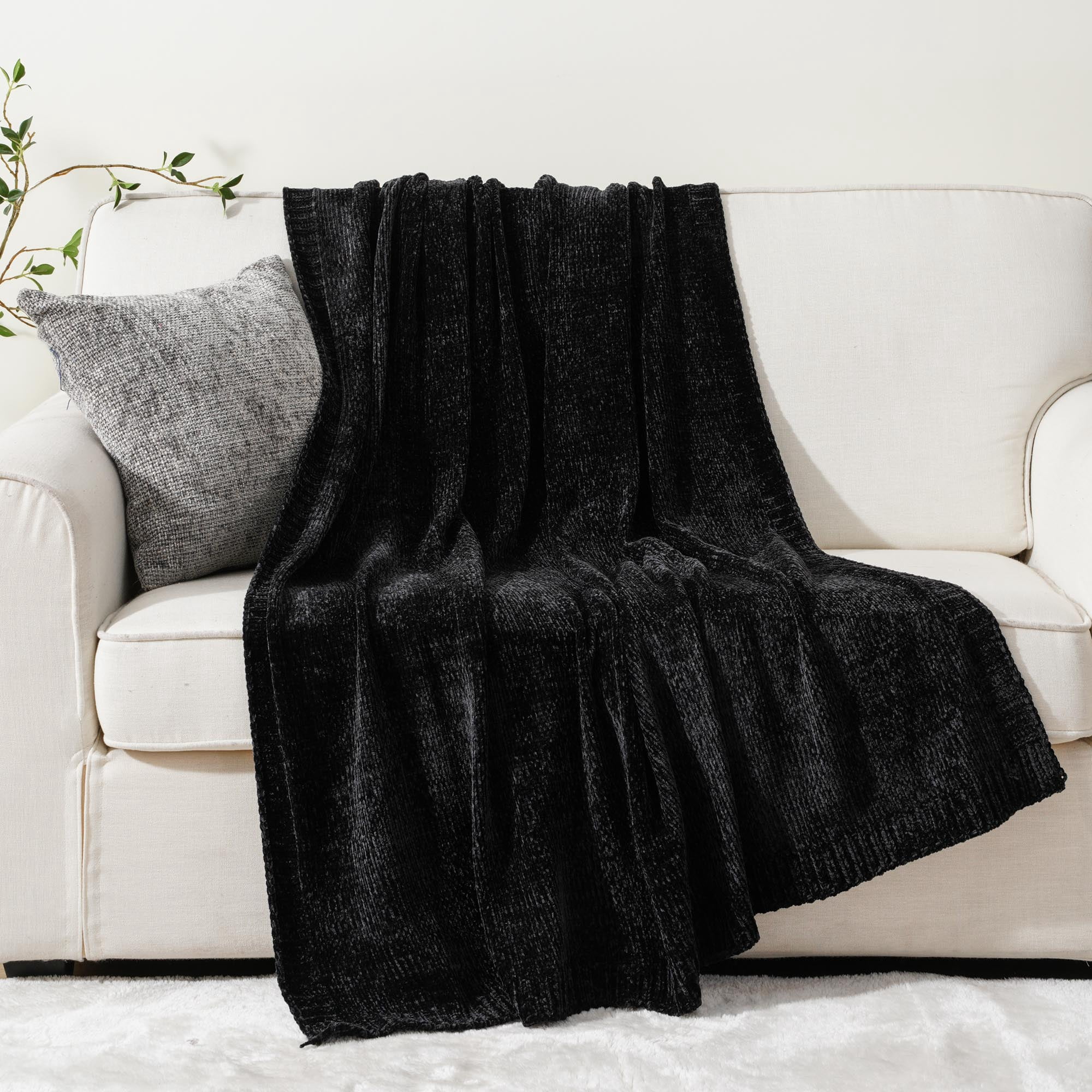 Battilo Black Chenille Throws for Couch,Soft Lightweigt Knitted Blanket for Living Room,51"x67"
