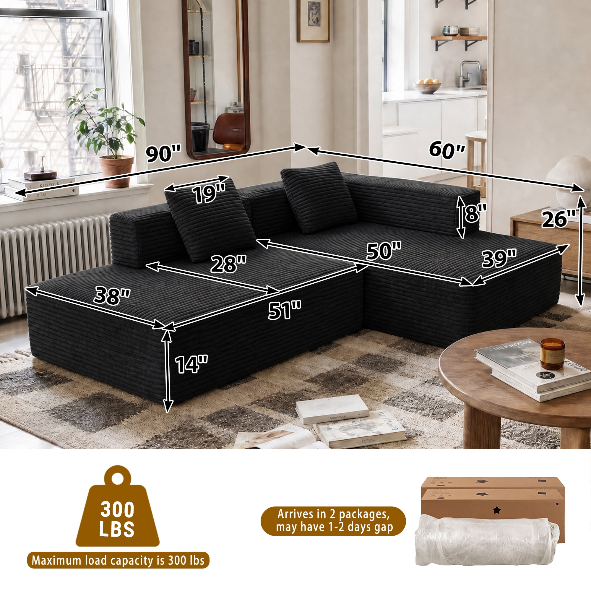 Meeyar 91" Boneless Modular Sectional Sofa with L Shaped Chaise, Cloud Couch for Living Room, Carbon Black