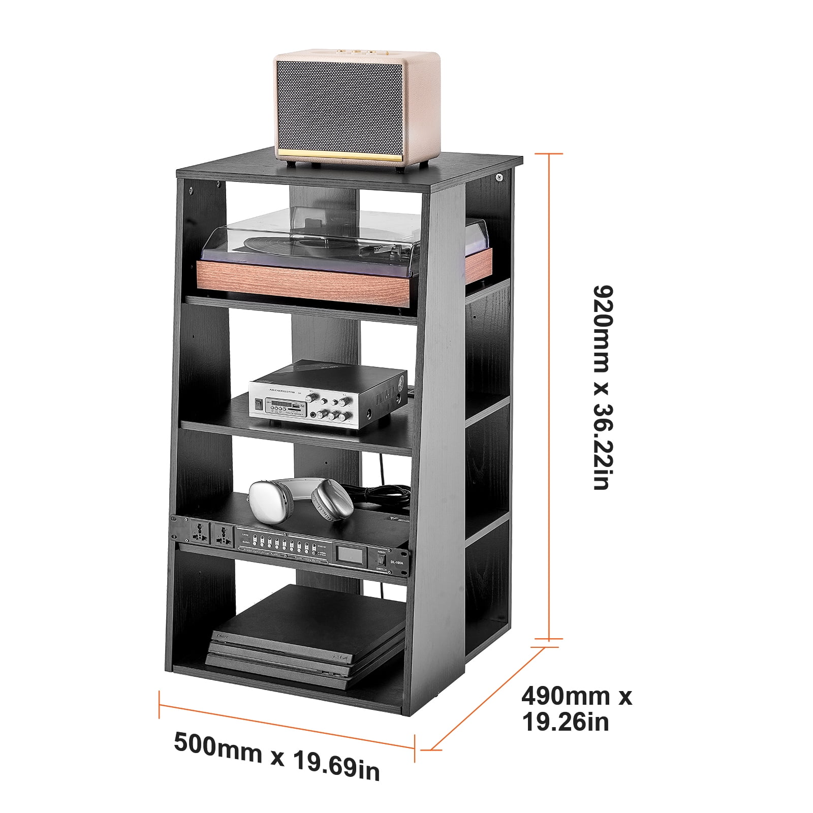 KFFKFF 5-Level Media Shelf, Wood Construction AV Stand for DVD Players/Set-Top Boxes/Video Game Consoles, Adjustable Height Entertainment Center for Gamers, Studio, Black
