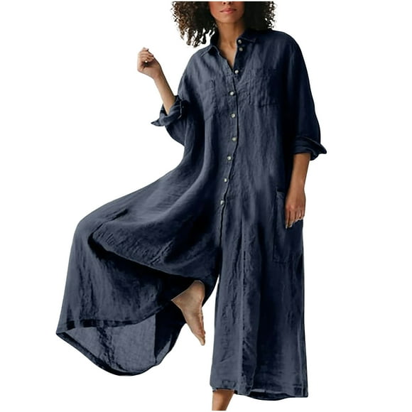 fartey Cotton Linen Rompers for Women Button Down Solid Color Baggy Breathable Wide Leg Jumpsuits Round Neck Long Sleeve Lounge Onesies