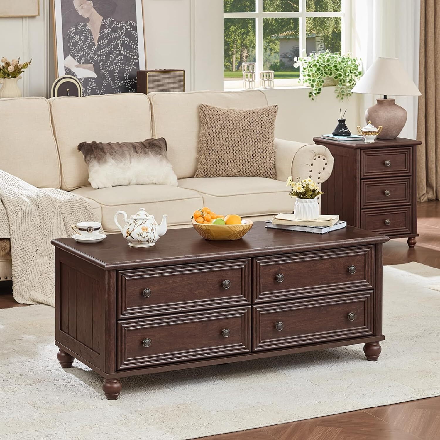 Leyaoyao Farmhouse Coffee Table with Drawers, Rectangular Rustic Center Table with Hidden Storage for Living Room, Office, Walnut