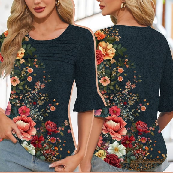 ALLLIST Summer Womens Tops 3/4 Sleeve Crew Neck Blouse Floral Casual Ruffle Pullover Women's Clothing