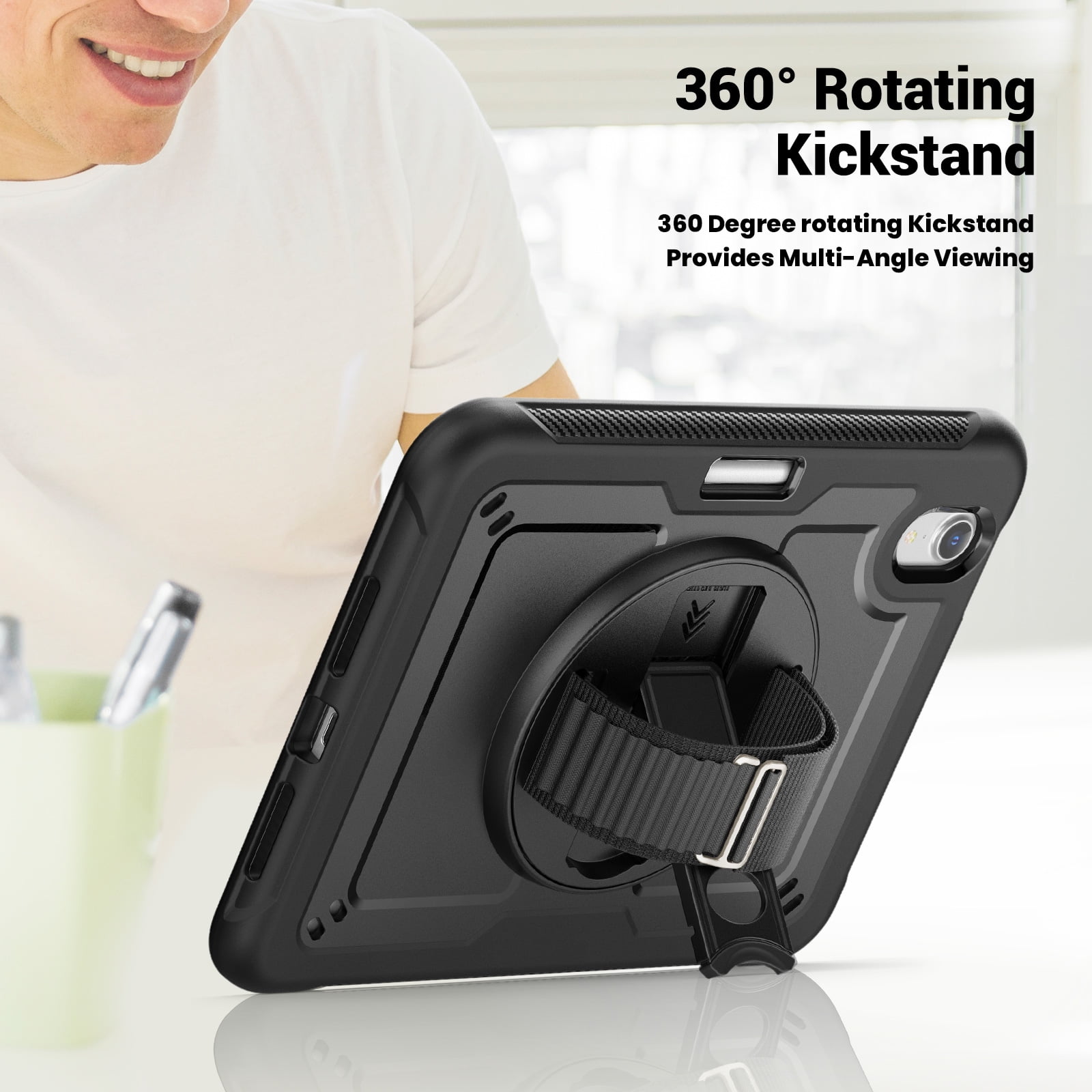 ELEHOLD Rugged Case For Apple iPad 11th(A16) 2025/10th Gen 2022,360 Rotating Stand Hand Strap Shoulder Strap Pencil Holder Full-Body Heavy Duty Shockproof Protective Case,Black