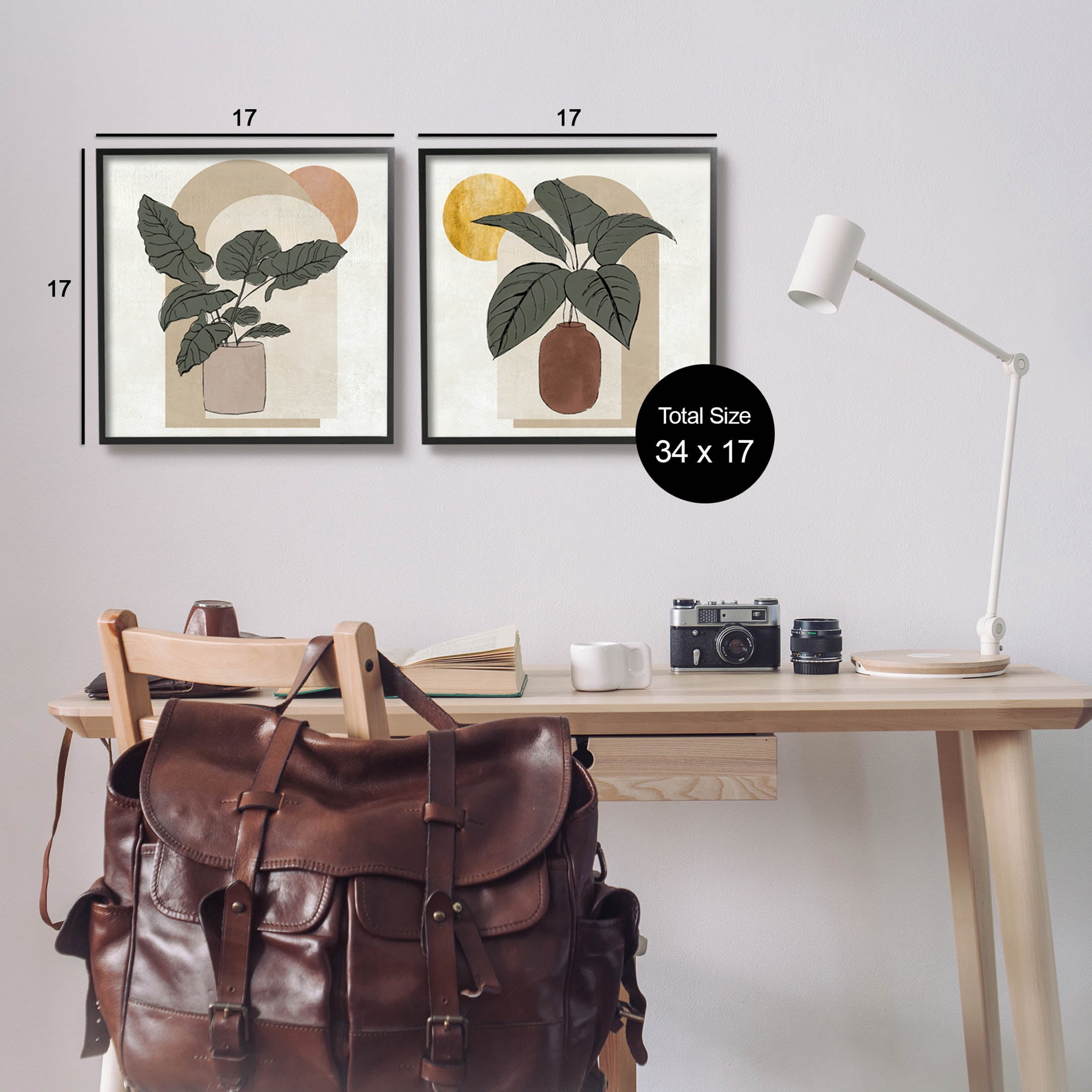 Potted Plant Leaves Geometric Shapes Botanical & Floral Graphic Art Black Framed Art Print Wall Art, Set of 2