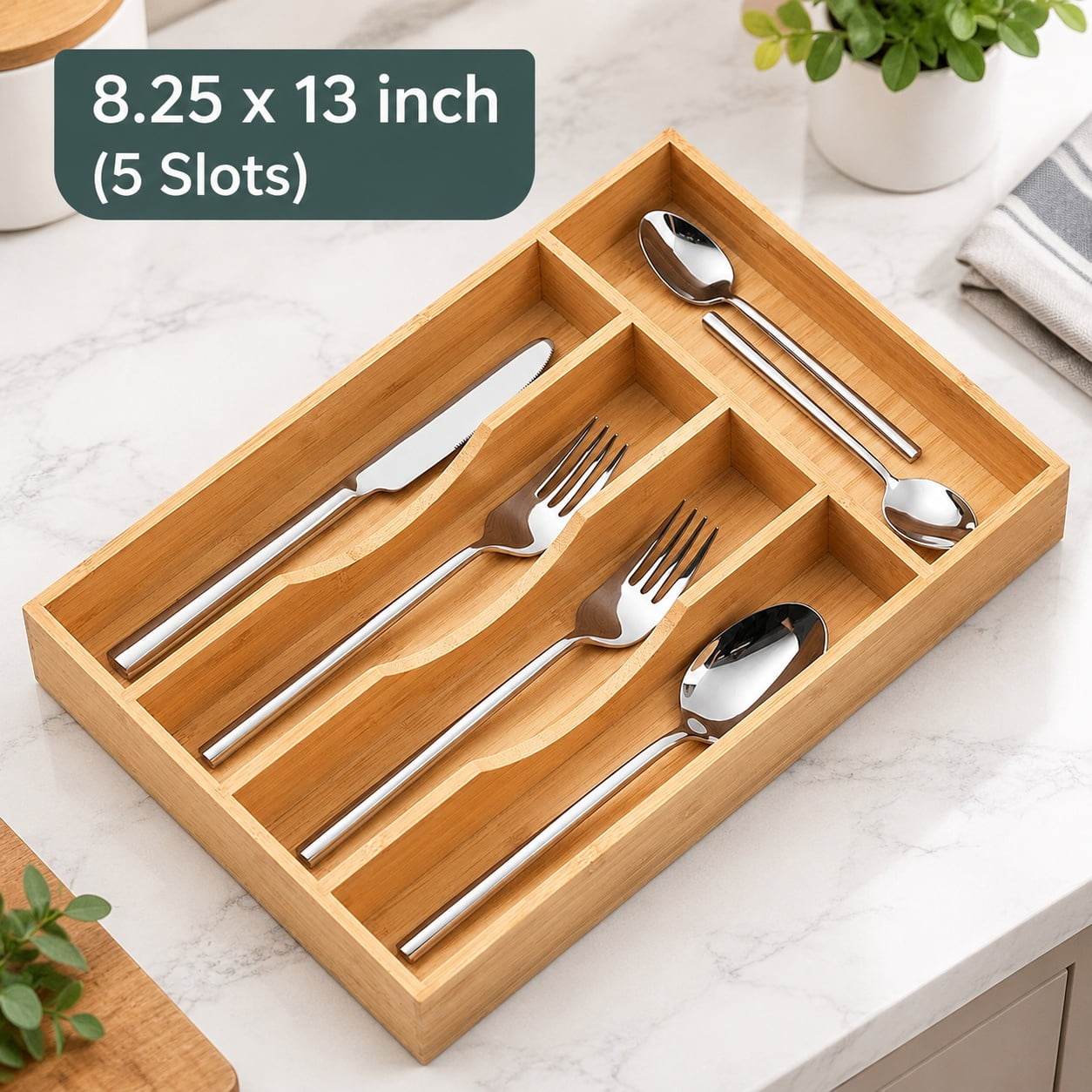 Bamboo Kitchen Drawer Organizer 8.25 Inch Silverware Utensils Tray Holder for Small Drawers Wooden Flatware Cutlery Knife Caddy