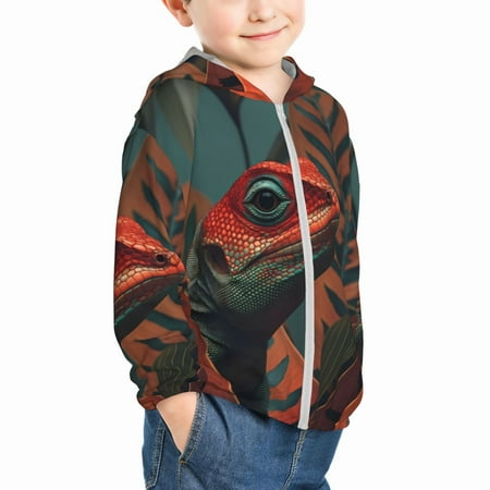

Uemuo Colorful Reptile And Leaves Pattern Rash Guard for Boys Girls Long Sleeve Swim Shirts UPF 50+ UV Sun Protection Hooded Fishing Shirt with Pocket for Kid-18 Months