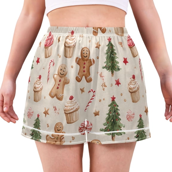Women's Silk Pajama Shorts Christmas Tree Gingerbread Man Cupcakes Pajama Shorts Women's Casual Pajama Shorts with Pockets