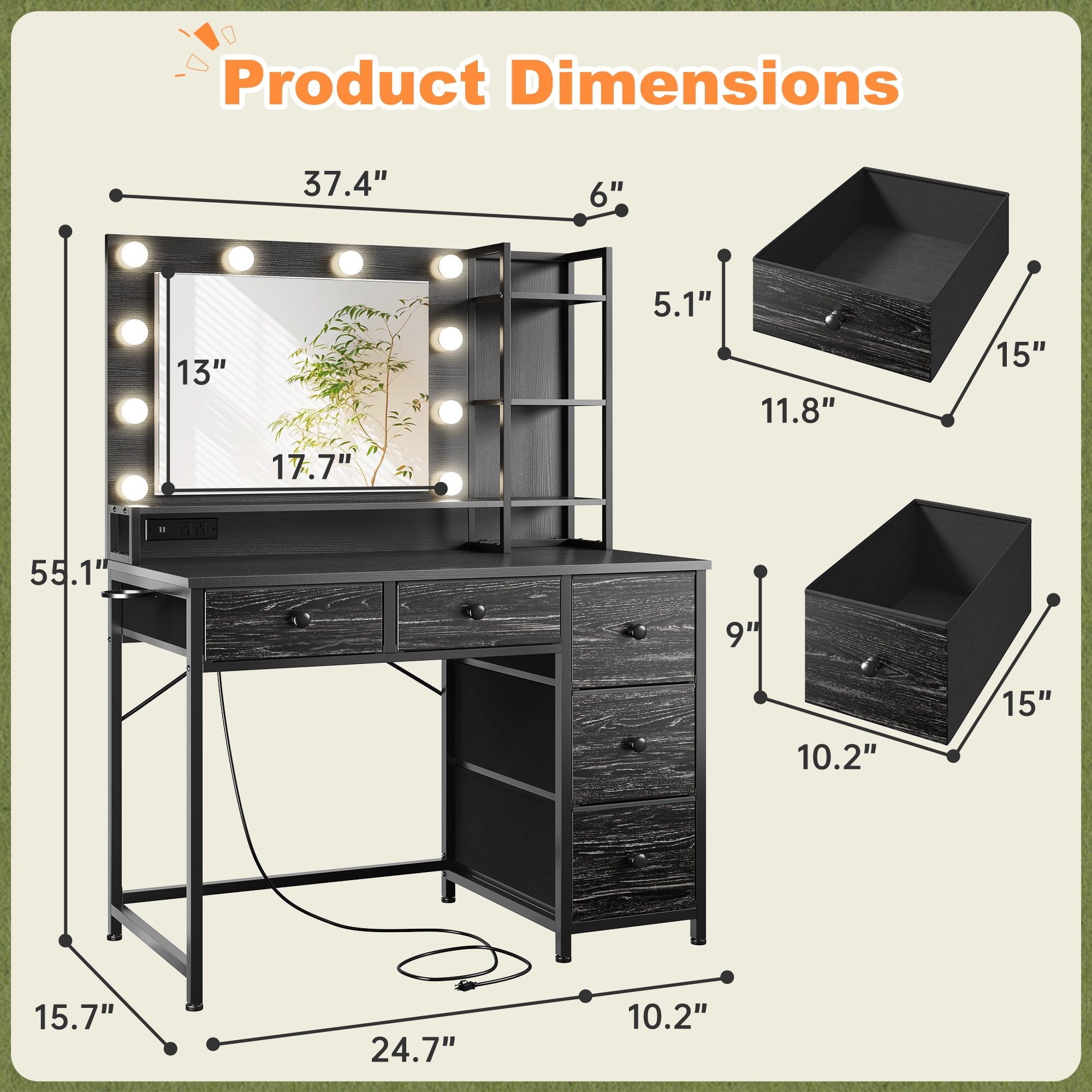 Romorgniz Vanity with Mirror and Lights Vanity Desk with 5 Drawers and Storage Shelves Makeup Dressing Table with Power Outlet & USB,Black