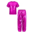 thumbnail image 2 of iiniim Girls Boys Hip Hop Jazz Dance Outfit Metallic Sparkly 2 Piece Short Sleeve T-Shirt and Shiny Pants Set Hot Pink 170, 2 of 7