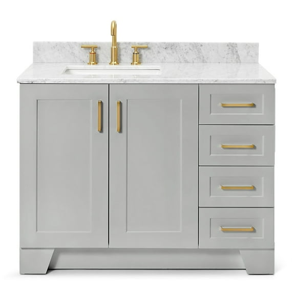 DKB Emilia 43-Inch Grey Bathroom Vanity with Italian Carrara Marble Countertop & 4" Backsplash, Left Rectangular Undermount Sink, 2 Soft Closing Doors, 5 Dovetail Drawers, Toe Kick, Brushed Nickel