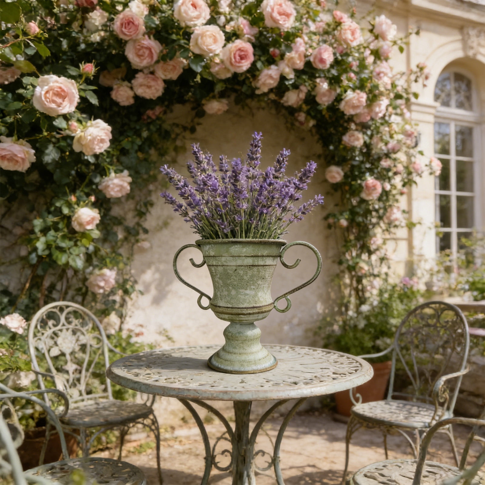 Large Urn Planter Clearance Sale - Vintage Distressed Iron Flower Pot, Cement Look Wicker Urn Planter for Outdoor Garden, 7 Inch Pedestal Style Planters for Patio Balcony, Durable Weather-Resistant