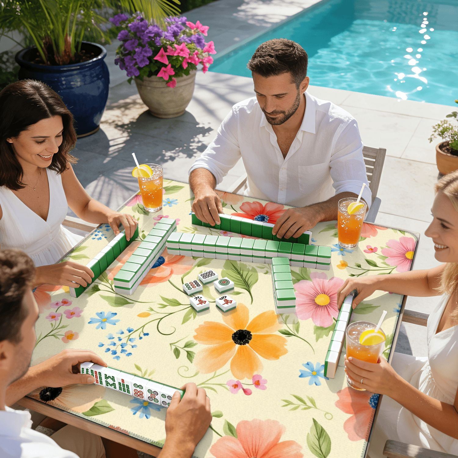 Mahjong Mat 31.5" x 31.5" Colorful Hand Painted Floral Wildflowers Cream Non-Slip Noise Reduction American Mahjong Tiles Table Cover for Dominoes Poker Card Board Games Gift