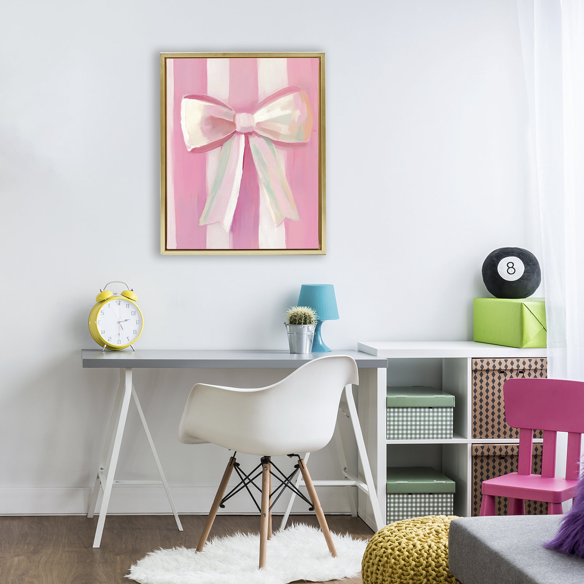 Stupell Industries Preppy Pink Bow on Stripes Gold Framed Floater Canvas Wall Art, design by The Prints Vibe
