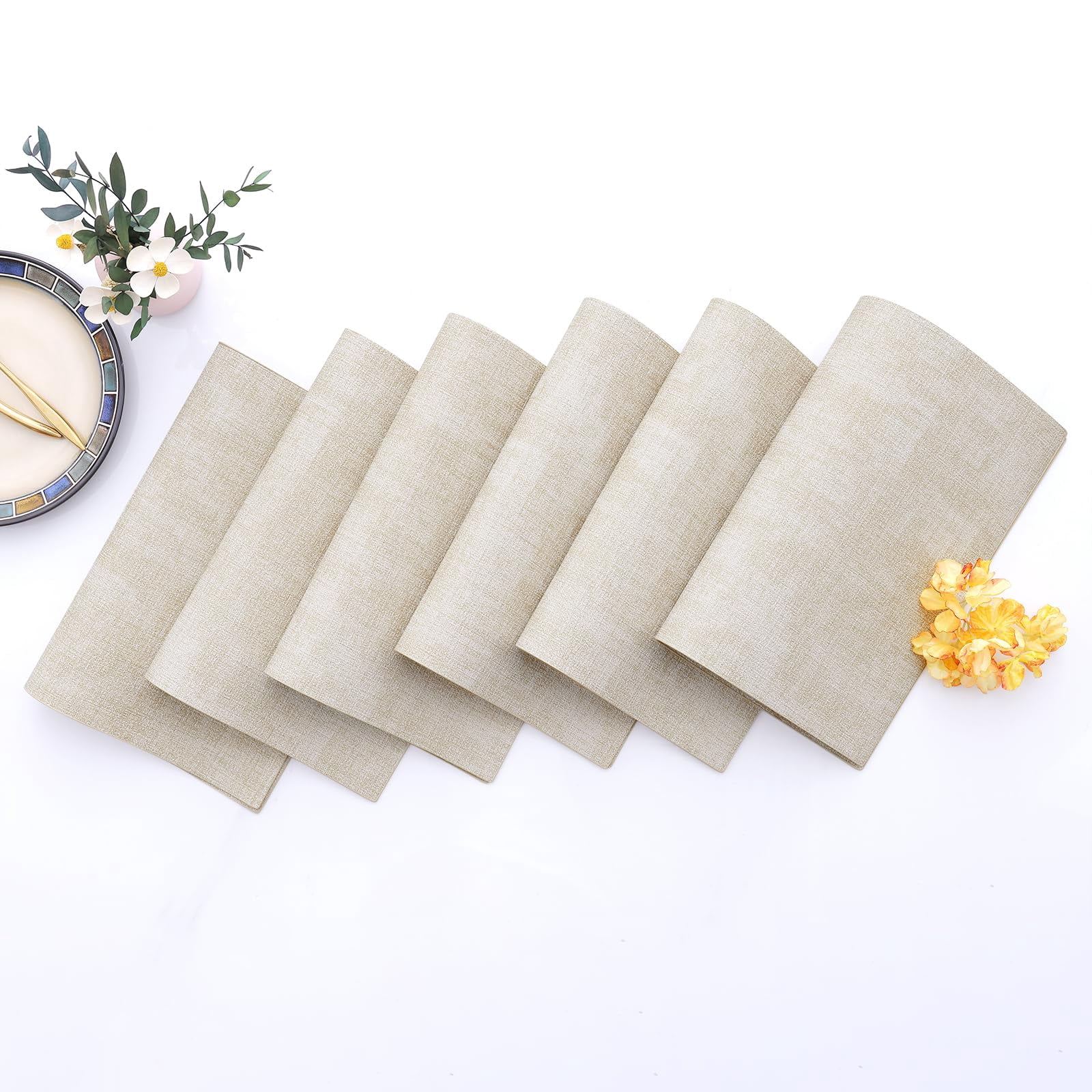 decorUhome Placemats Set of 6, Heat Resistant PU Faux Leather Table Mats, 11.8" x 17", Beige