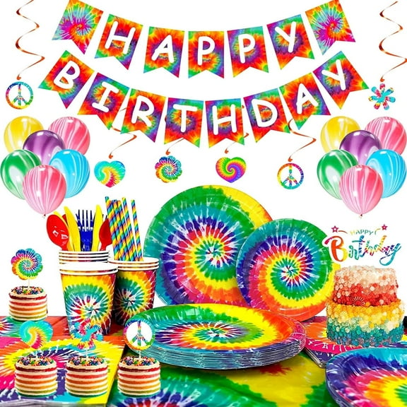 Tie Dye Birthday Party Supplies,175pcs Tie-Dye Party Tableware Set-Tie Dye Party Plates Cups Napkins Tablecloth Banner Balloon Hanging Swirl Cake Topper etc Tie Dye Birthday Decorations