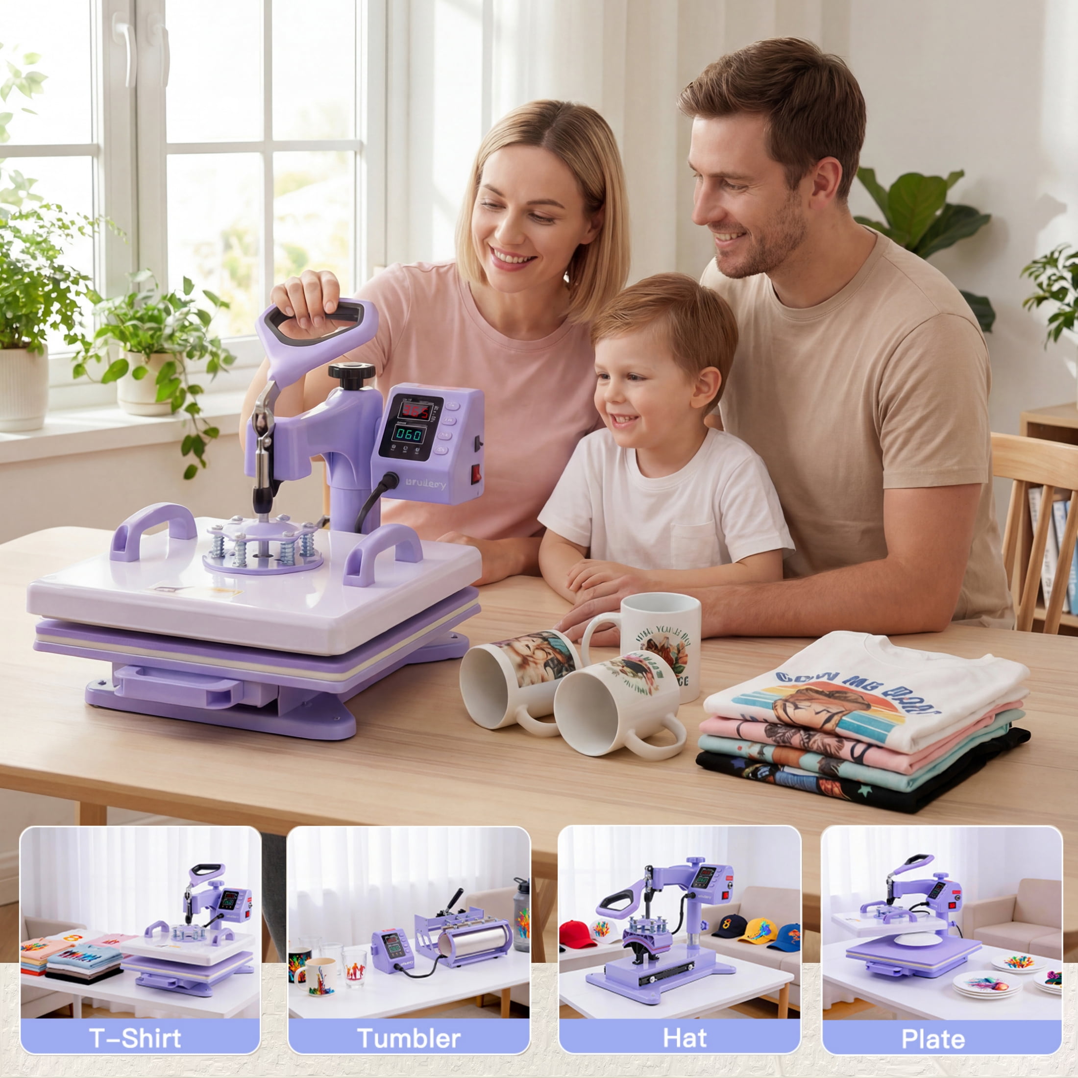Adnoom Heat Press 15x15, 5 in 1 Multifunctional Shirt Press Machine Combo, 360° Swing Away Heat Transfer Sublimation with LED Display for T-shirts Mugs Hat Plate Cap, Purple