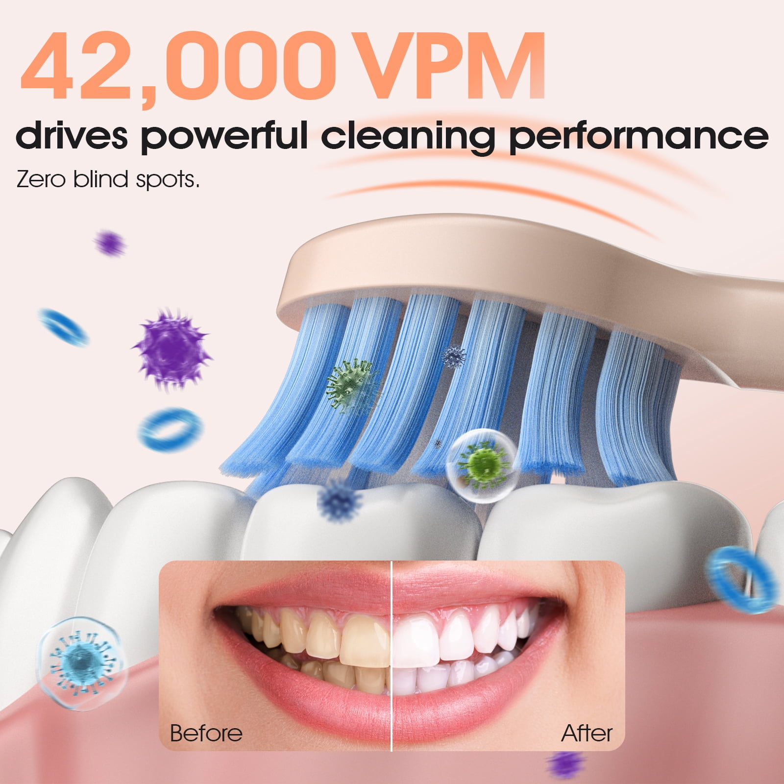 OasiSmile Sonic Electric Toothbrush Set for Adults with Travel Case, 6 Brush Heads, 100-Day Battery Life, 5 Modes 42000 VPM Rechargeable Power Toothbrush, Pink