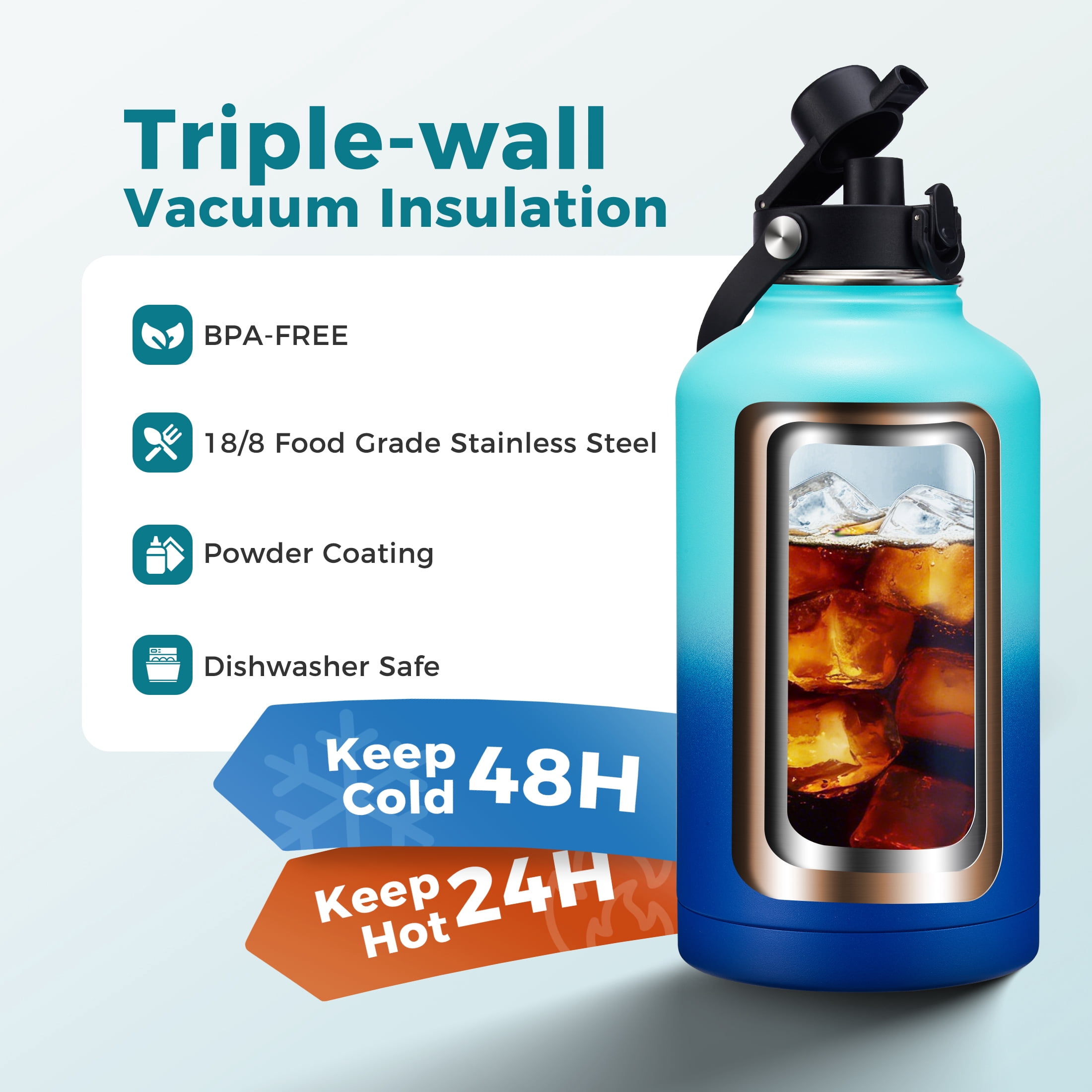 64oz Water Bottle with Straw & Spout Lid, Stainless Steel Half Gallon Jug with Paracord Handle, Cold 48H & Hot 24H