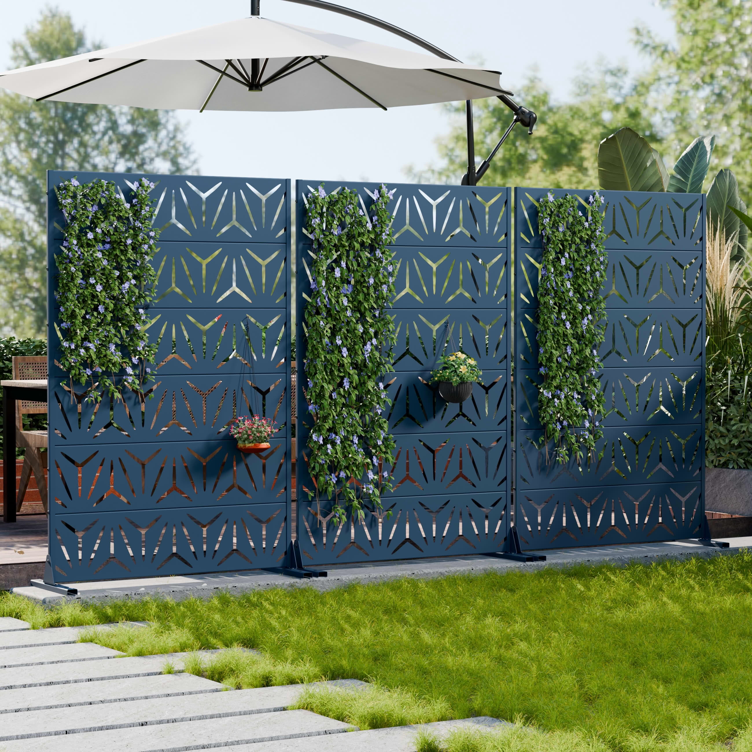 MAYEERTY Outdoor Metal Privacy Screen 6ft × 4ft Starry Night Blue, 6-Panel Geometric Y-Pattern Decorative Screen for Garden