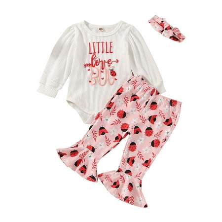 

Meihuida Baby Girl Valentine’s Day Outfits Long Sleeve Letter Romper Cartoon Flare Pants Headband Set
