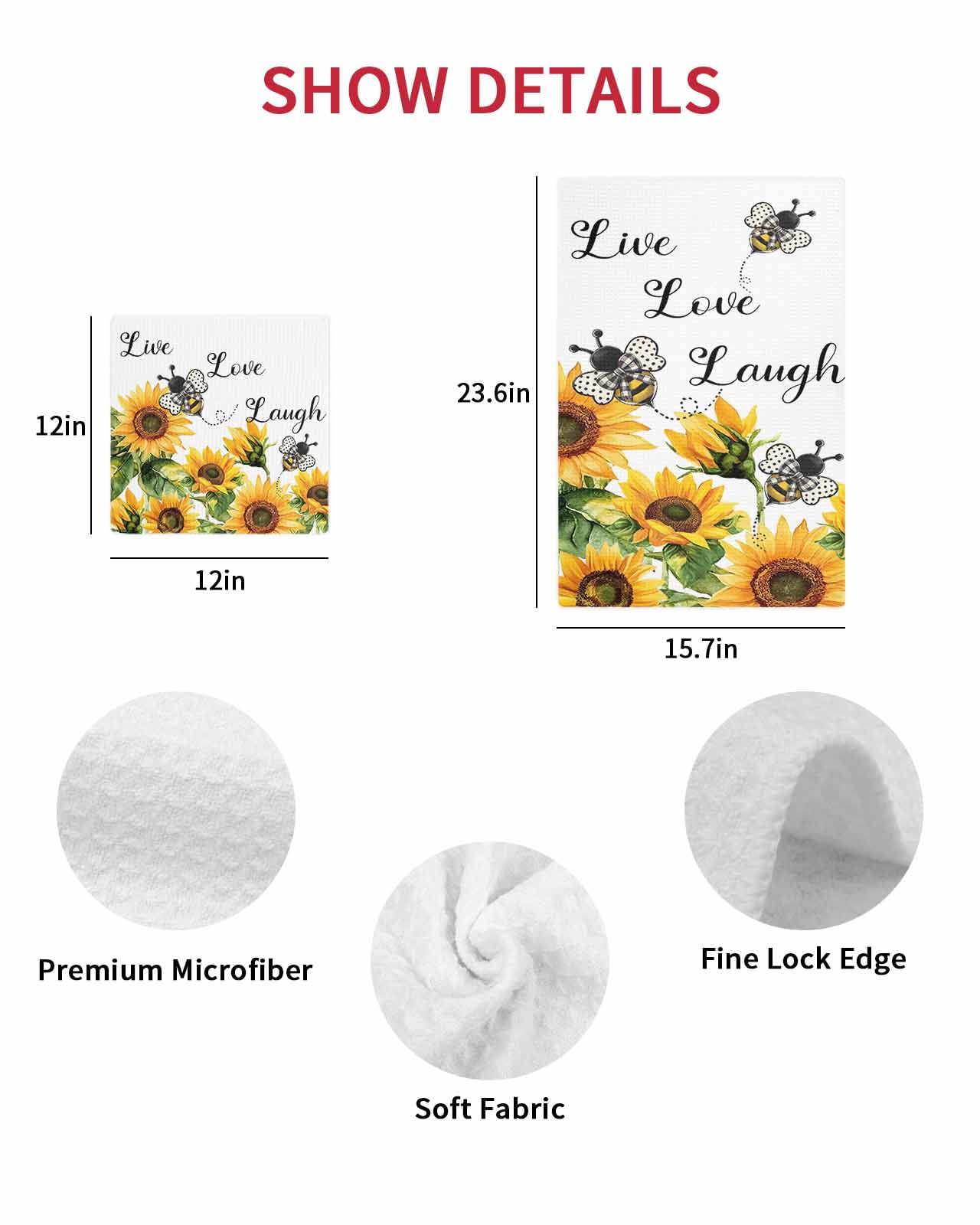 Sunflower Bee Kitchen Dish Towels for Drying Dishes Set of 3, Vintage Yellow Floral Farmhouse Watercolor Waffle Weave Microfiber Hand Tea Bathroom Towels Quick Dry & Absorbent Towel 12x12