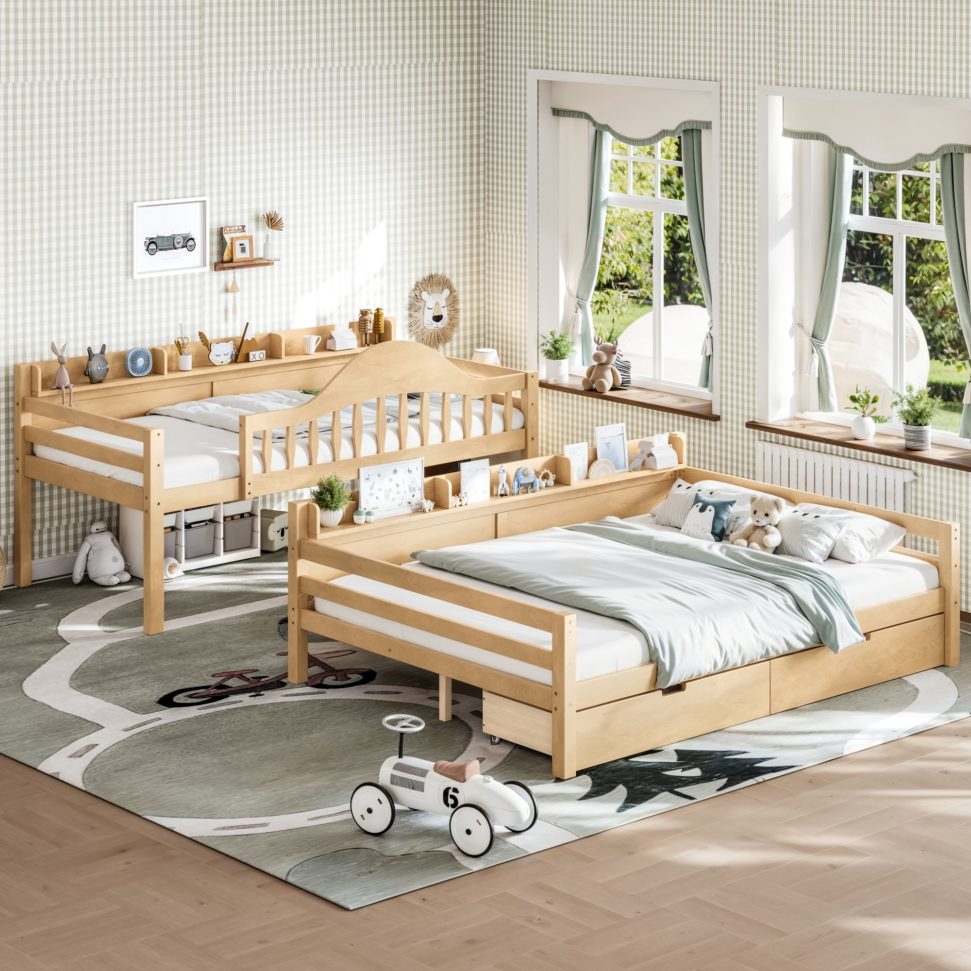 Leumius Twin over Full Bunk Bed with Storage Drawers, Chic Curved Guardrail & Side Storage Shelves, Bunk Bed Frame with Ladder Natural