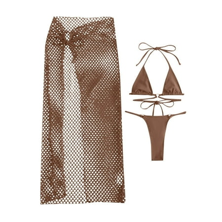 Lopeceal 3 Piece Swimsuit for Women Sexy Triangle Halter Bikini Sets with Fishnet Beach Coverup Maxi Skirt Padded Bathing Suit