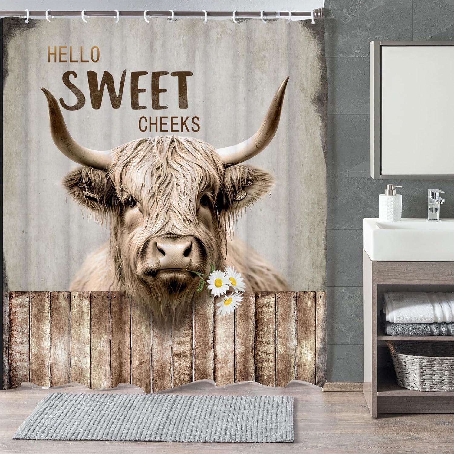 Highland Cattle Cow Bull Shower Curtains,Farmhouse Animal Rustic Country Shower Curtain for Bathroom,Western West Fabric Shower Curtain Set with Hooks Bath Decoration 72X84inches