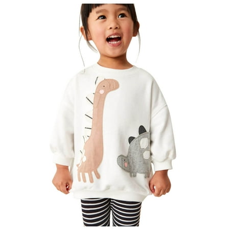 

WUXIAN Toddler Girls Cartoon Dinosaur Printed Long Sleeve Tops Striped Casual Pants 2PC Child Suit Infants Baby Trousers Simple Dailywear