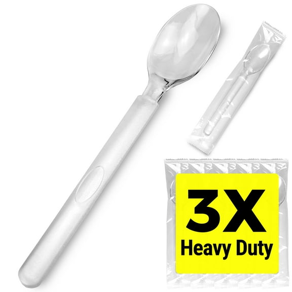 3X Heavy Duty Clear Plastic Spoons Individually Wrapped, Sturdy Like Silverware, 100 Pack Black Disposable Soup Spoons Bulk, Perfect for Event Catering, Restaurant and Take Out.