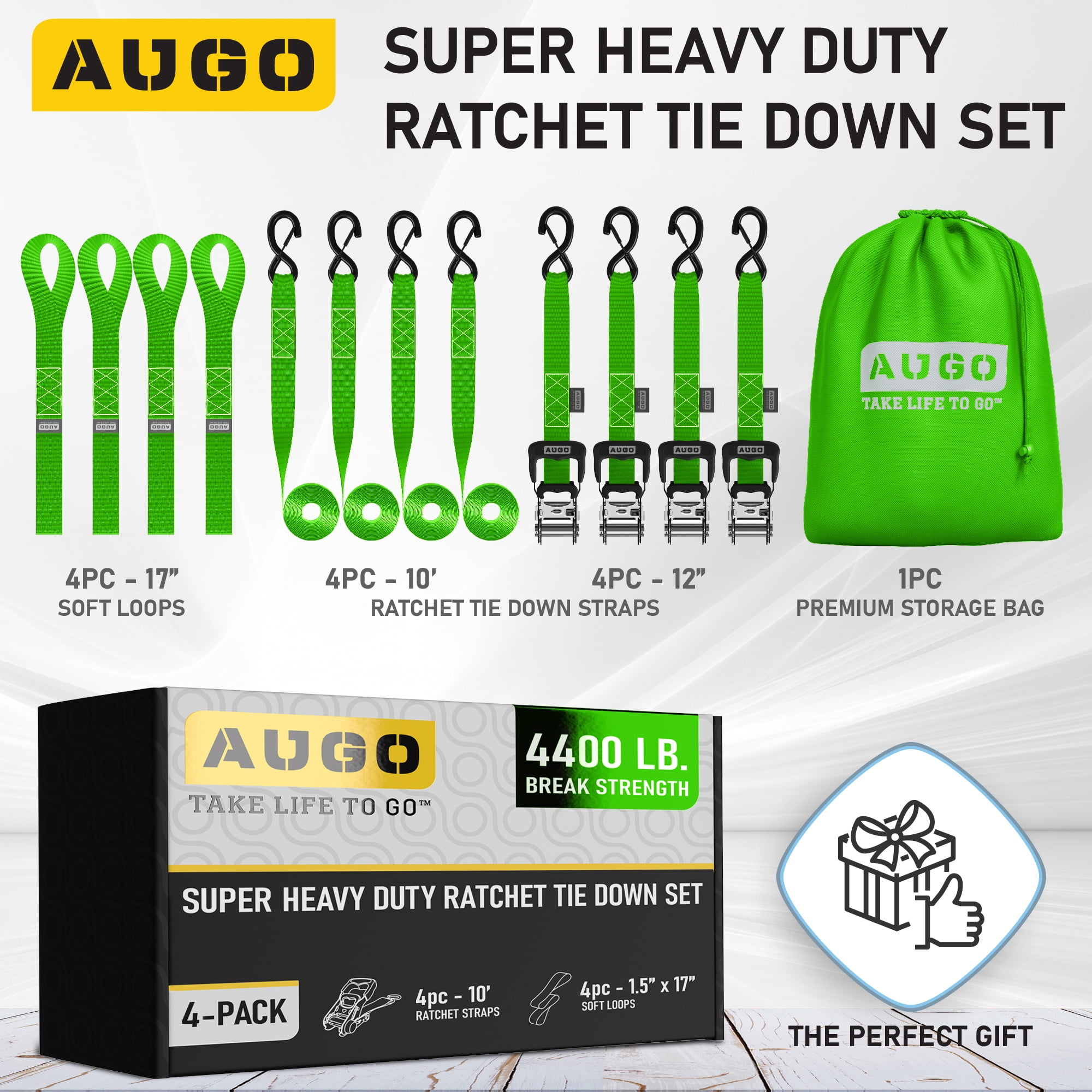 AUGO Heavy Duty Ratchet Straps & Soft Loops – Pack of 4 Extra Strong 1.5” by 10’ Ratchet Straps w/ S-Hook Safety Latches & 4 Soft Loop Tie Downs – 4400Lb Break Strength for Motorcycles, ATVs, Etc.