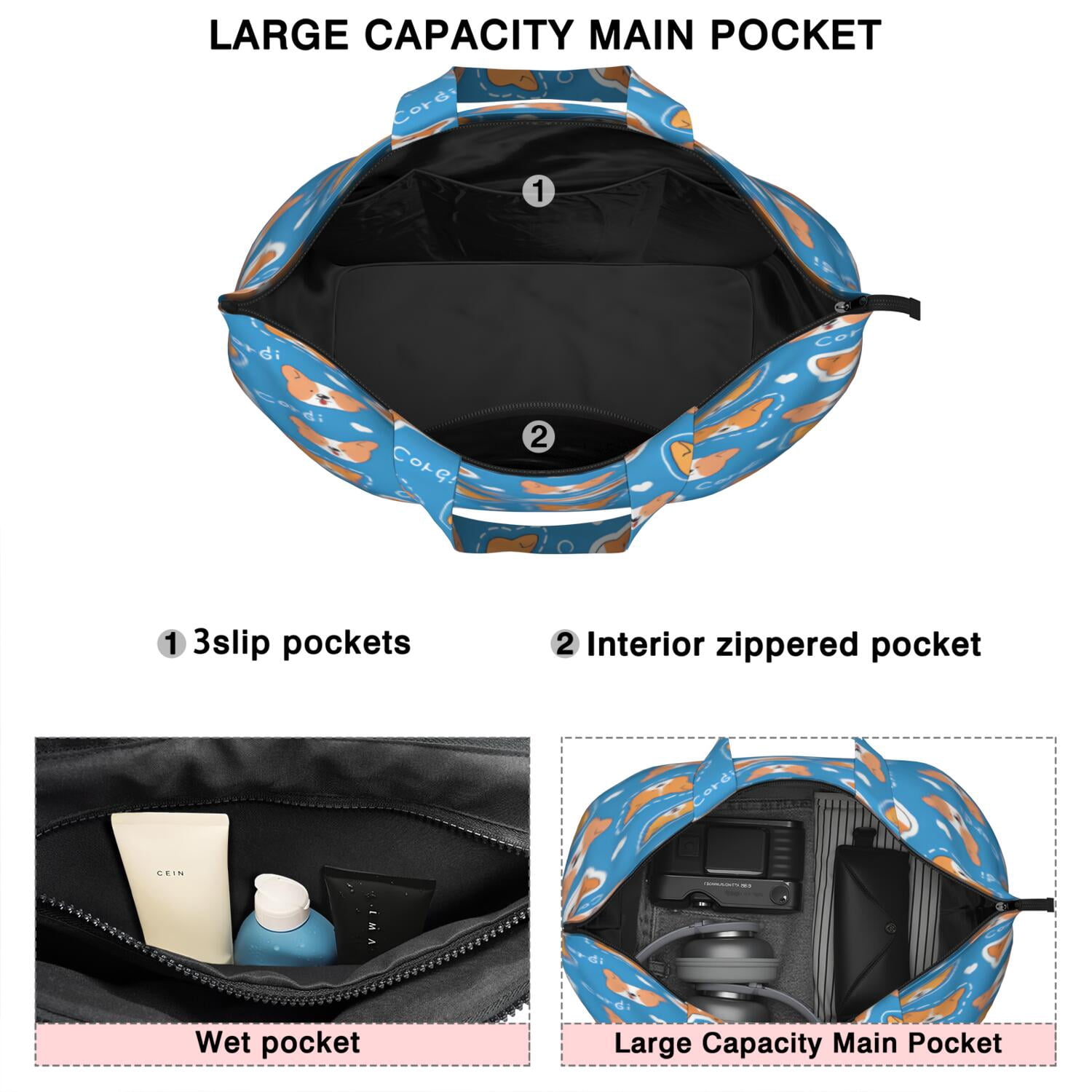 Cartoon Corgi Travel Tote Bags for Women Carry On,Large Weekender Bags for Women Travel,Multi Functional Duffle Bag for Work,Shopping,Sports