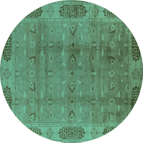 Ahgly Company Machine Washable Indoor Round Oriental Turquoise Blue Traditional Area Rugs, 6' Round