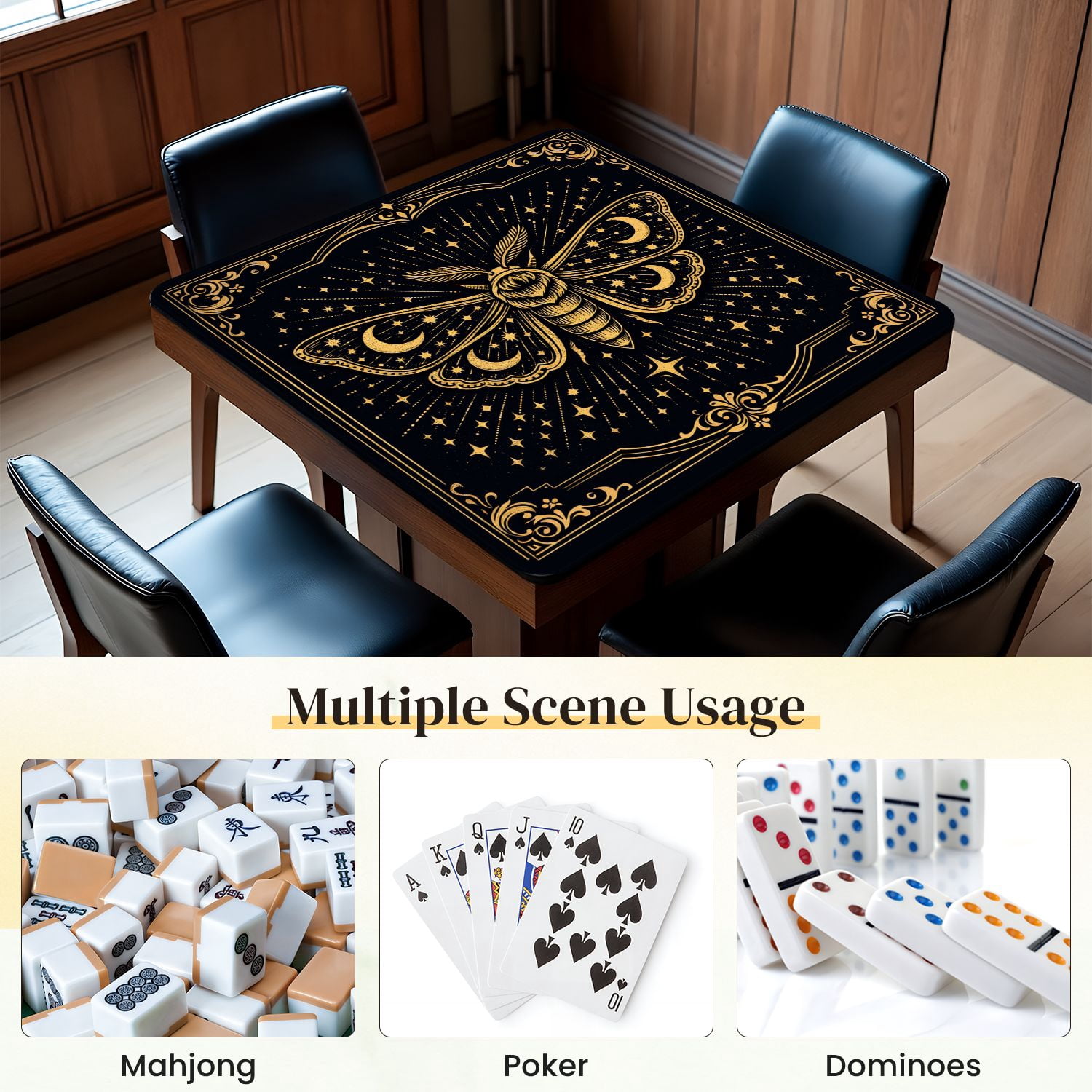 Mahjong Mat 31.5" x 31.5" Mystical Celestial Moth Stars Moons Geometric Patterns Gold Black Non-Slip Noise Reduction Mahjong Tiles Table Cover for Dominoes Poker Card Board and Tile Games