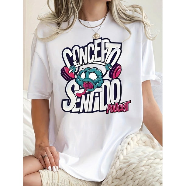 1pc Concepto Sentido Podcast Graphic Tee, Women'S Casual Crew Neck Short Sleeve T-Shirt, Geometric Brain Struggle Print, Polyester Knit Fabric, Medium Stretch, All-Season Fashion Top